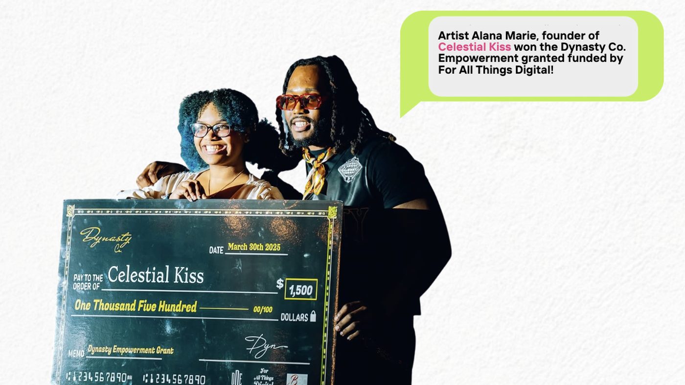 Celestial Kiss founder Alana Marie holding the Dynasty Empowerment Grant check funded by For All Things Digital