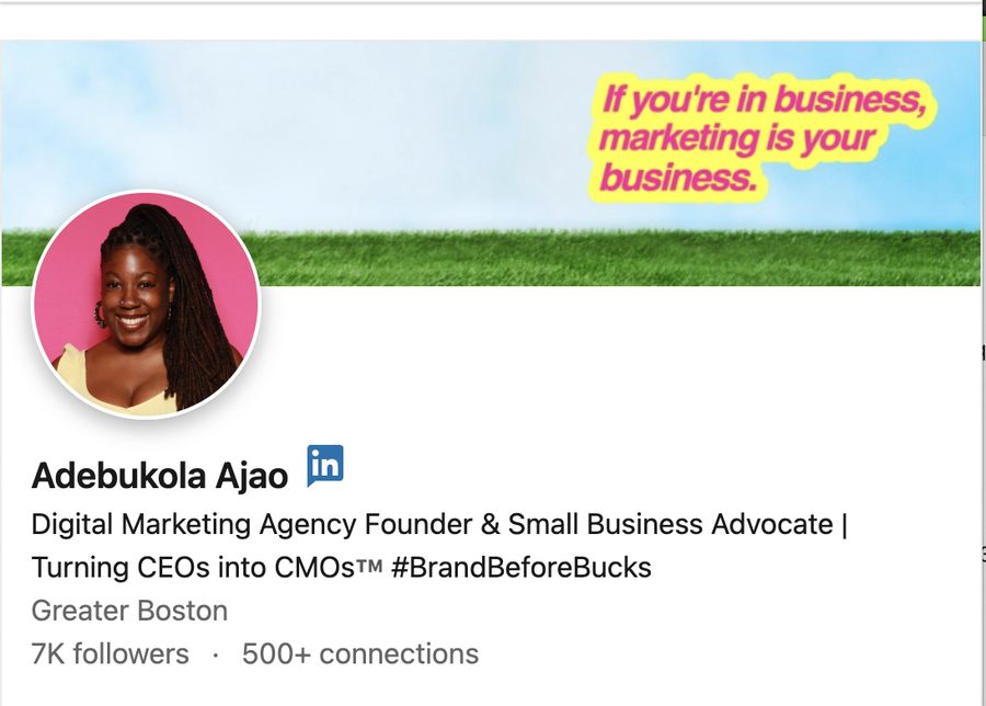 LinkedIn profile of Adebukola Ajao showing Top Voice badge and 7K followers