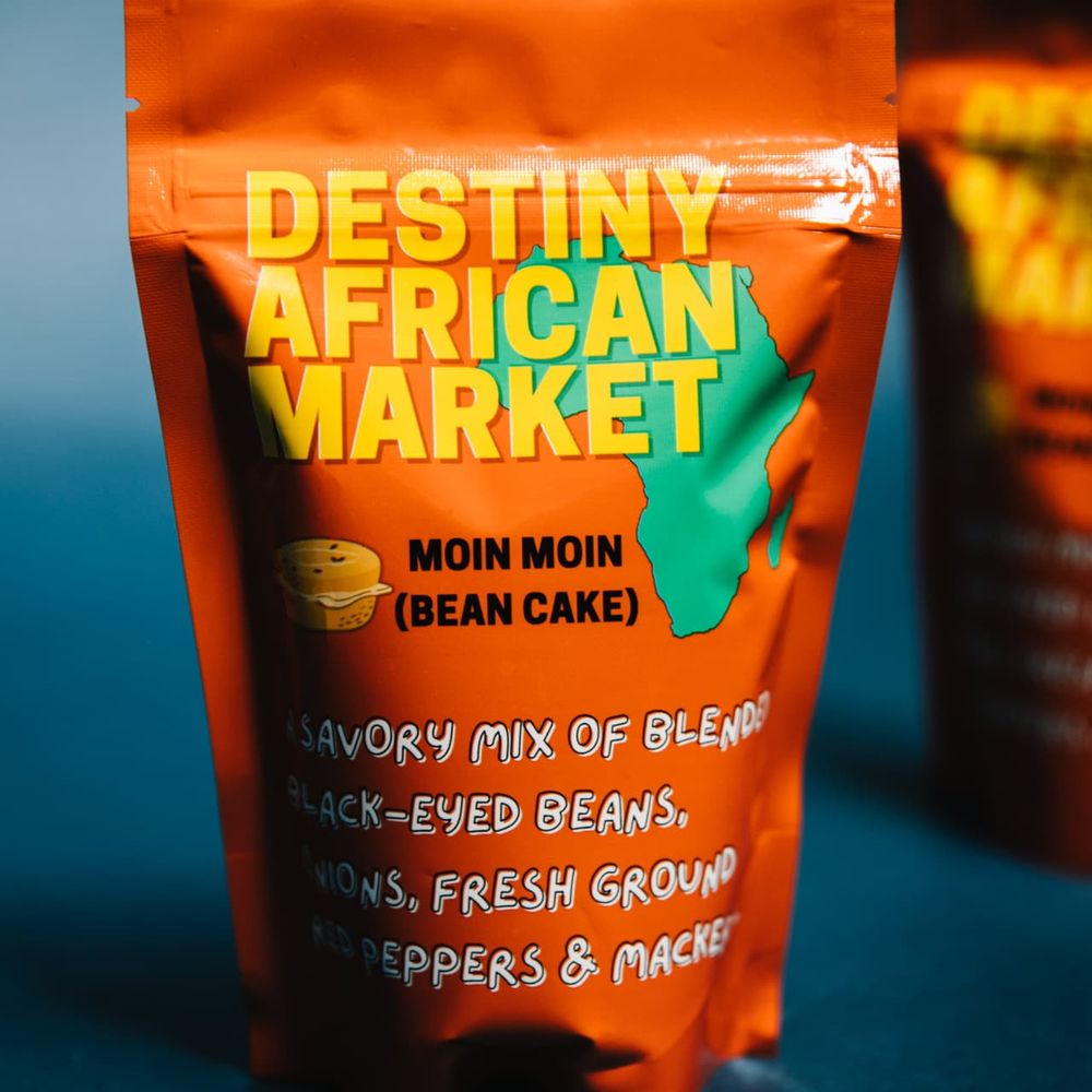 A Destiny African Market Moin Moin bean cake pouch from the packaged CPG line