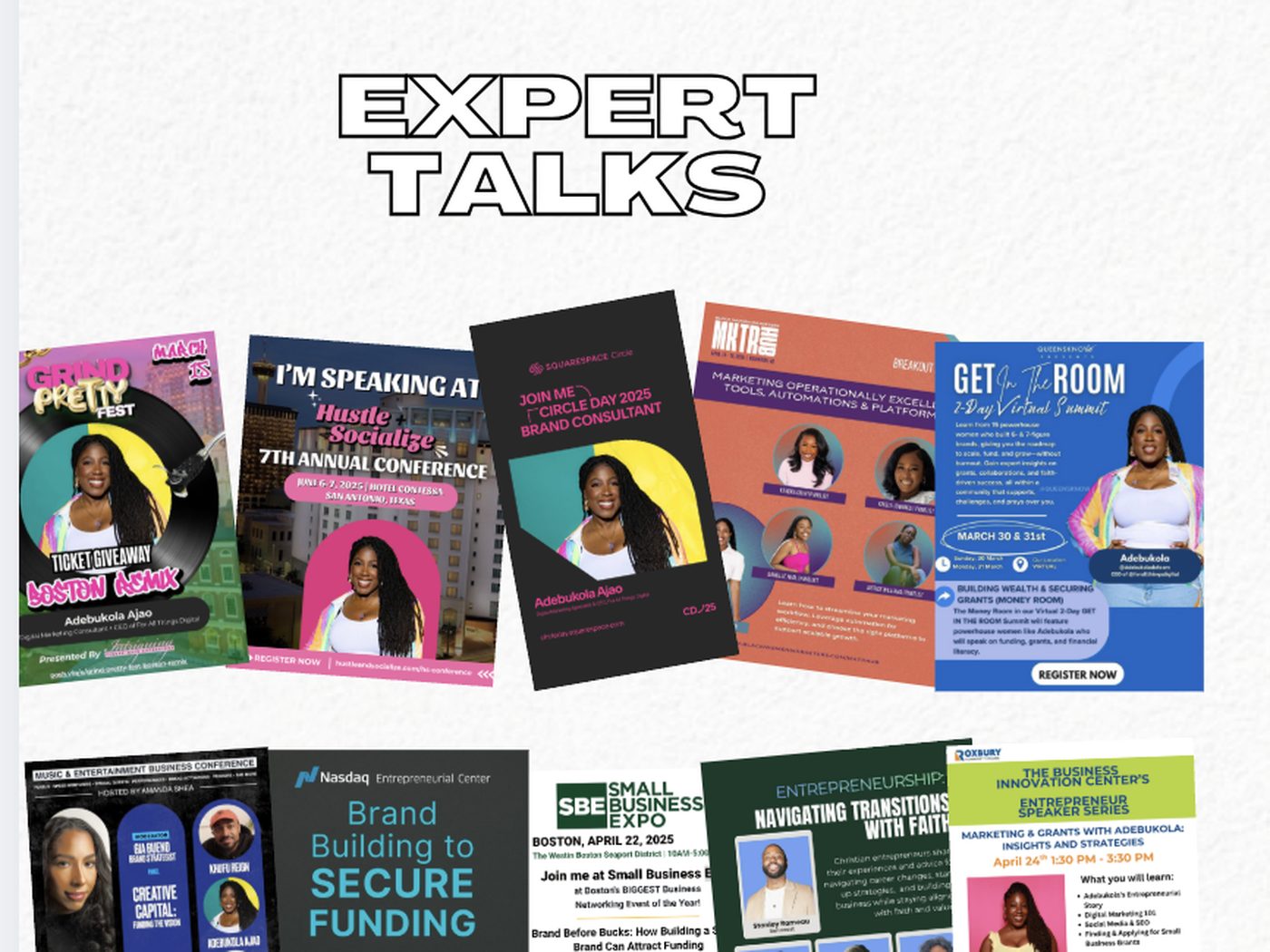 A collage of Expert Talks speaking flyers featuring Adebukola Ajao