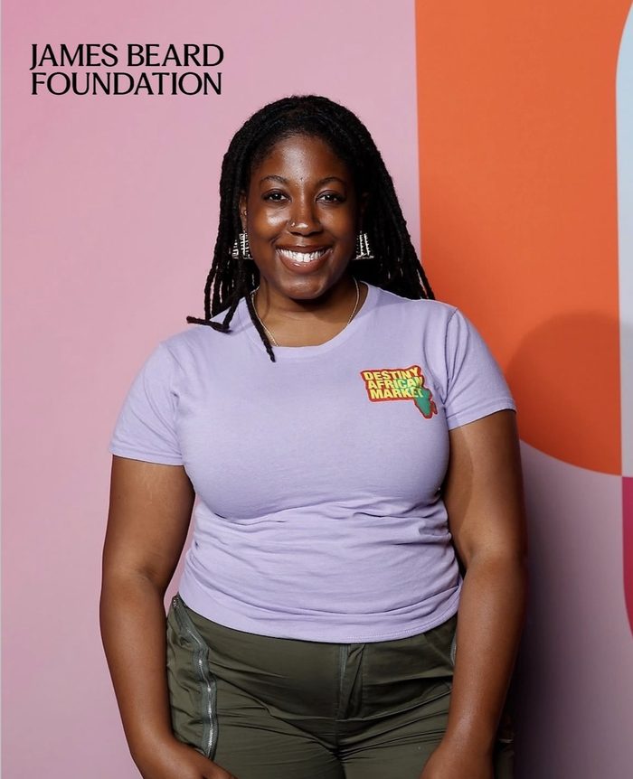 Adebukola Ajao at the James Beard Foundation step and repeat wearing a Destiny African Market tee